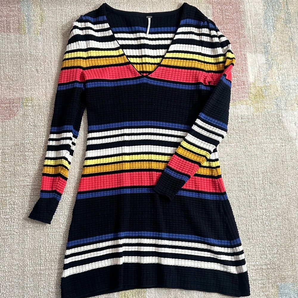 Free People Striped Ribbed V Neck Long Sleeve Sweater Dress XS